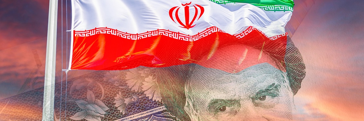 Flag of Iran waving in the wind against the bloody red sky and portrait Ayatollah Khomeini from the iranian banknote