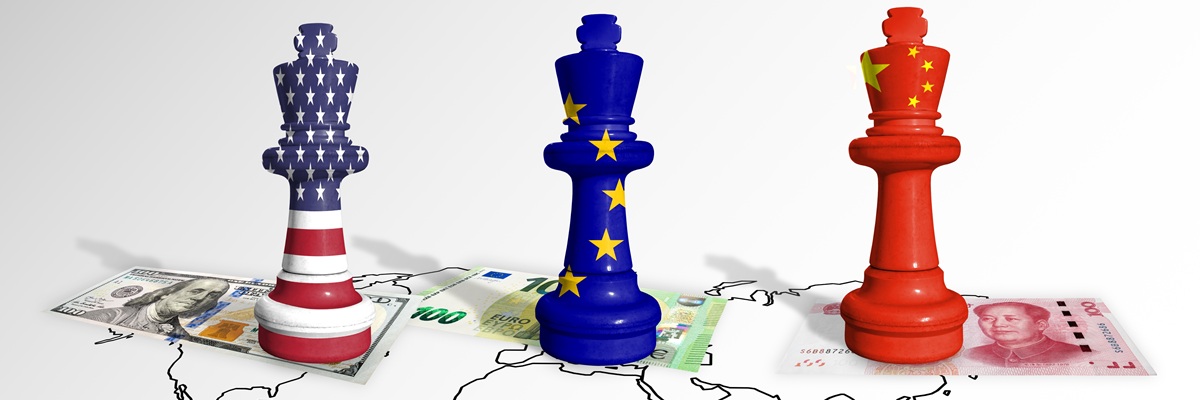Chess made from USA, EU and China flags on a white background. Chess made from China, Europe Union and United States of America flags. Trade, tariffs, duty and customs war