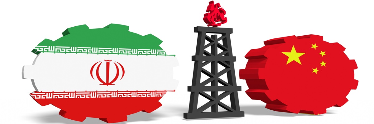 iran and china flags on gears, gas rig model between them, gas transit from iran to china