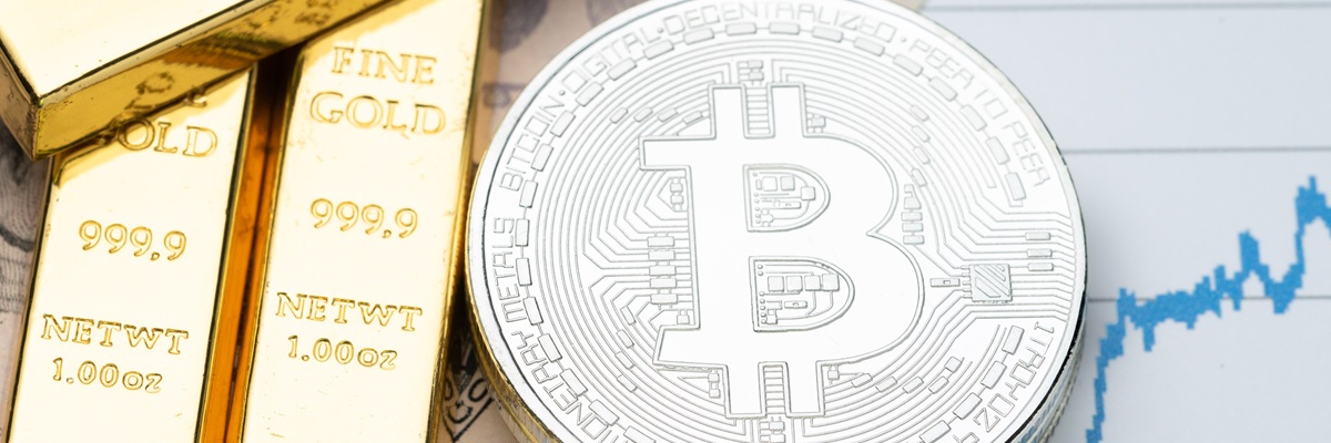 Commodity and alternative asset, gold bar and crypto currency Bitcoin on rising price graph as financial crisis or war safe haven, investment asset or wealth concept.