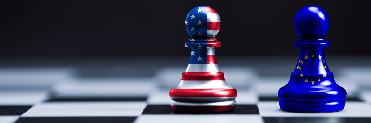 USA flag and EU flag print screen on two pawn chess for battle.It is symbol of United States of America increase tariff tax barrier for import product from EU countries.-Image.
