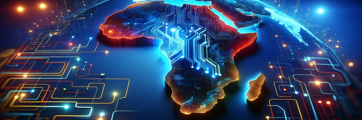 Create a sleek, futuristic background for a technology summit, featuring a glowing digital map of africa on a blue background. the design should include modern tech elements like neon circuits, digital grids, and abstract data streams, all in vibrant