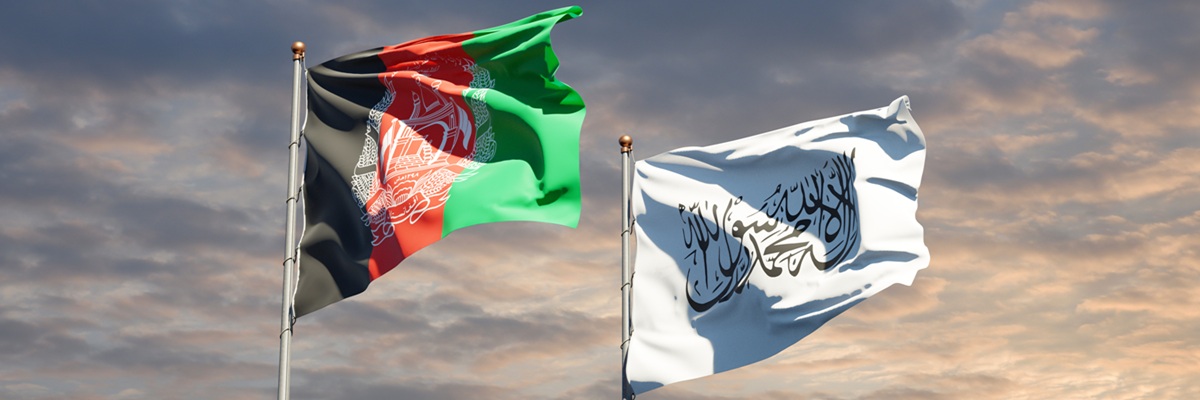 Beautiful national state flags of Afghanistan and Taliban together at the sky background. International relations 3D artwork concept.