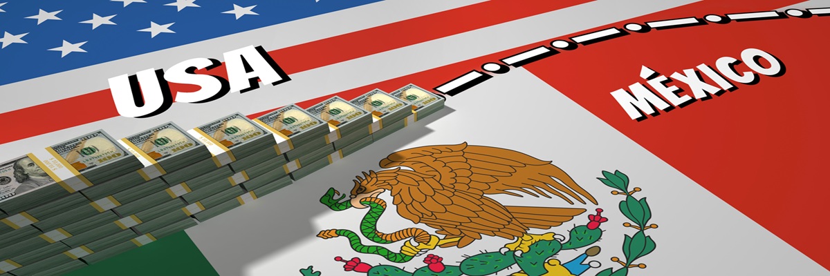 The symbolic image of the border between the United States and Mexico, with the unfinished wall of the bank packages of dollars US.