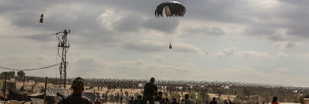UAE planes drop humanitarian aid on displaced people's tents in Al-Mawasi, west of Khan Yunis city in the southern Gaza Strip, on Oct 17, 2024.