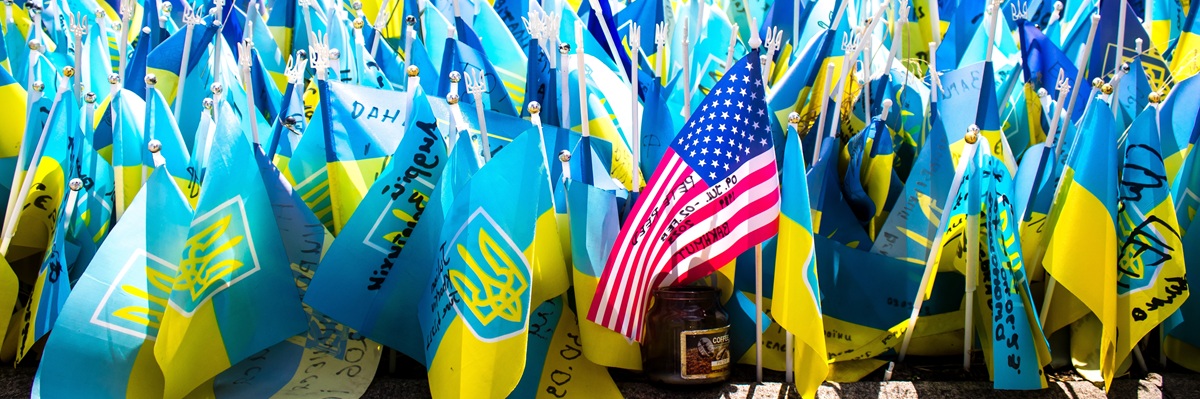 Kyiv, Ukraine - July 19, 2023 Thousands of flags have been planted at the makeshift memorial for fallen soldiers in Maidan Square. Each flag is a tribute to someone who was killed by Russia's war.