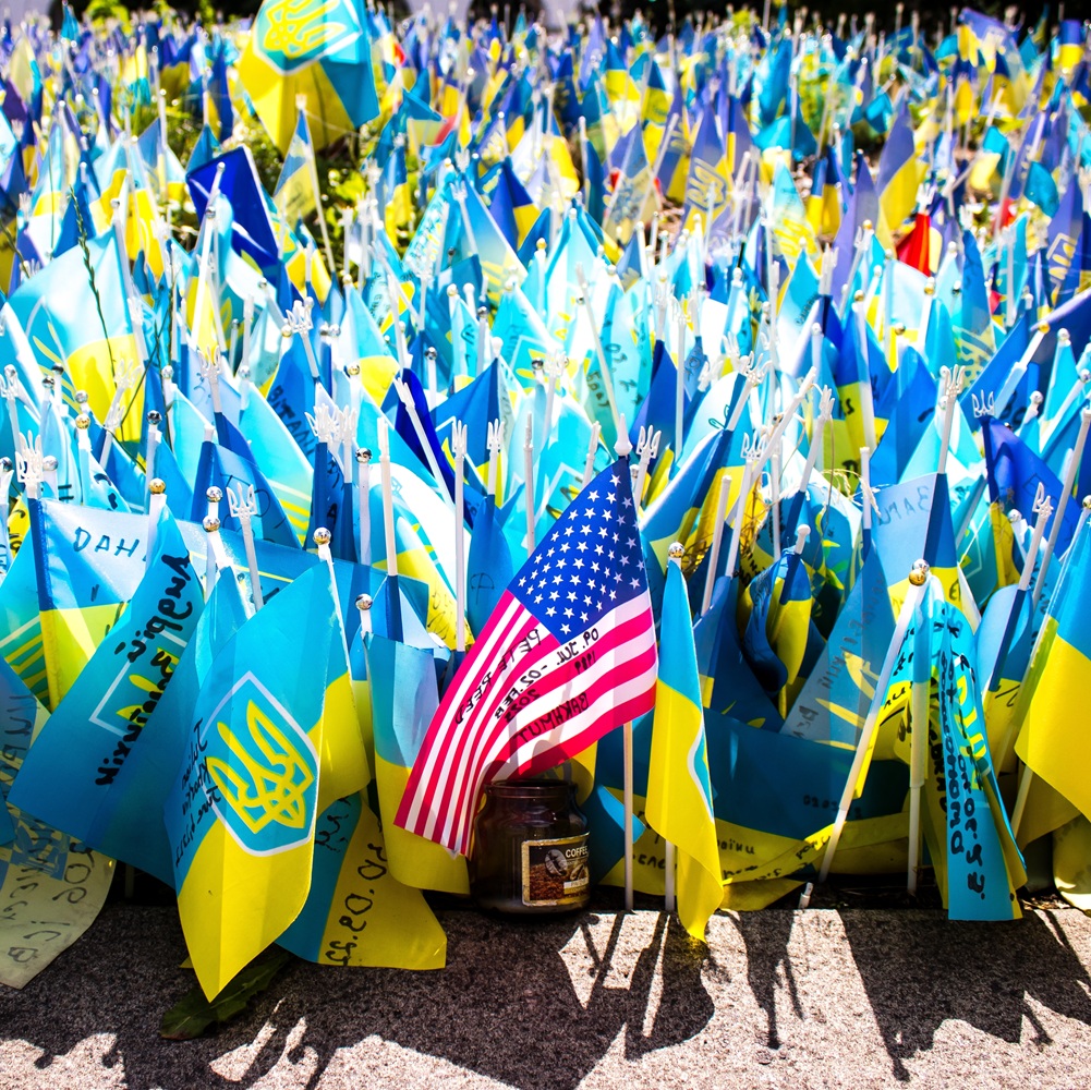 Kyiv, Ukraine - July 19, 2023 Thousands of flags have been planted at the makeshift memorial for fallen soldiers in Maidan Square. Each flag is a tribute to someone who was killed by Russia's war.