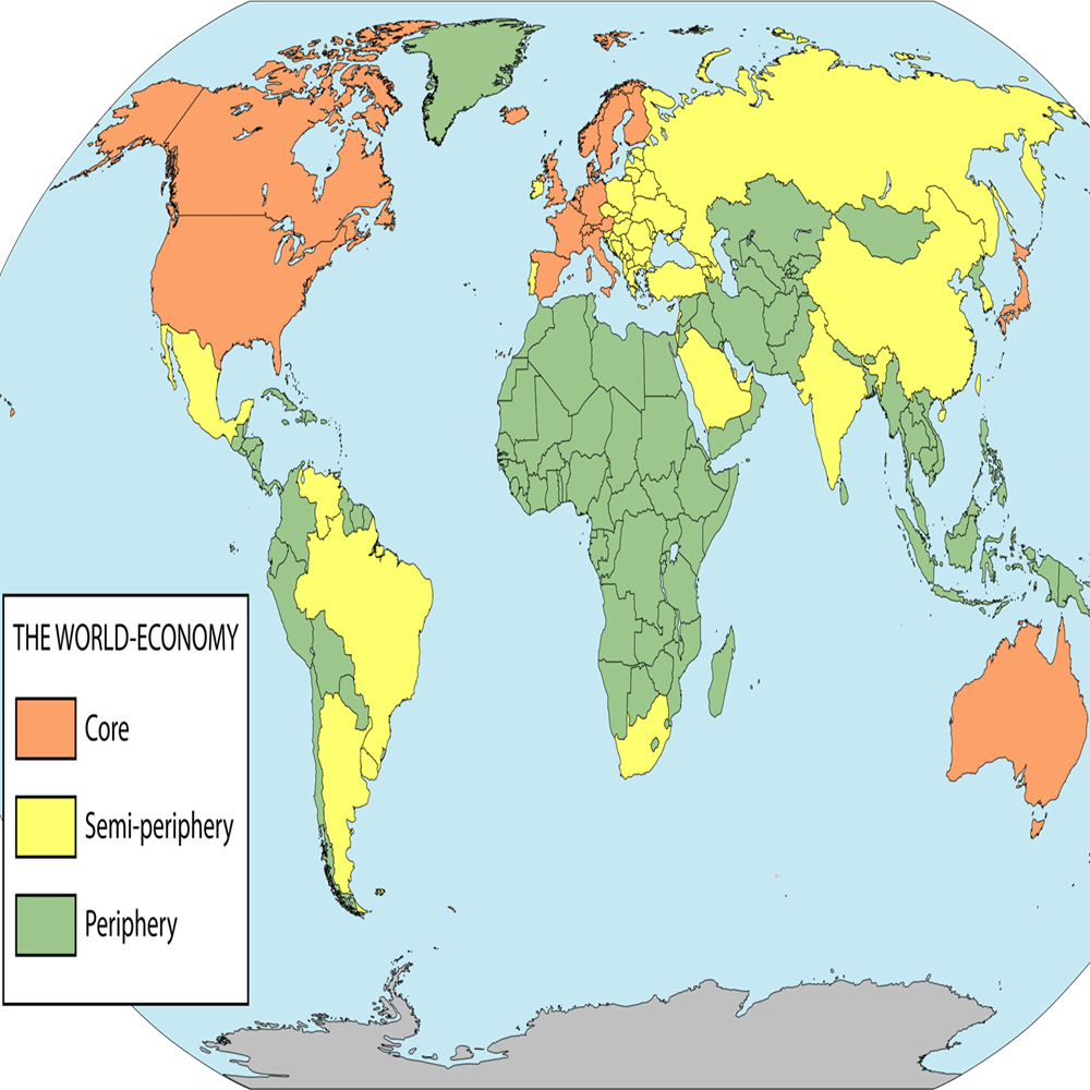 Classification of the countries according to the world-system analysis of I. Wallerstein: core, semi-periphery and periphery.
