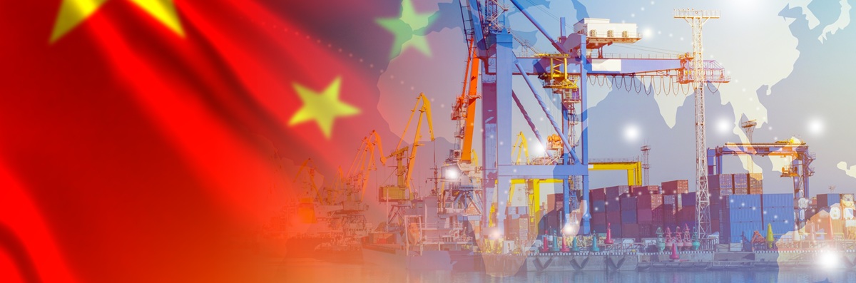 Chinese flag near port. Arrows of cranes from sea harbor. Deliveries to port of China. Deliveries of goods from PRC. Maritime logistics in China. Import of Chinese goods by sea. Export at China