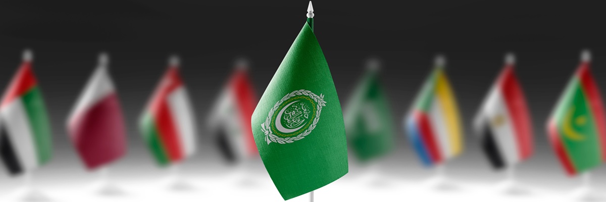 The national flag of the Arab League on the background of flags of other countries