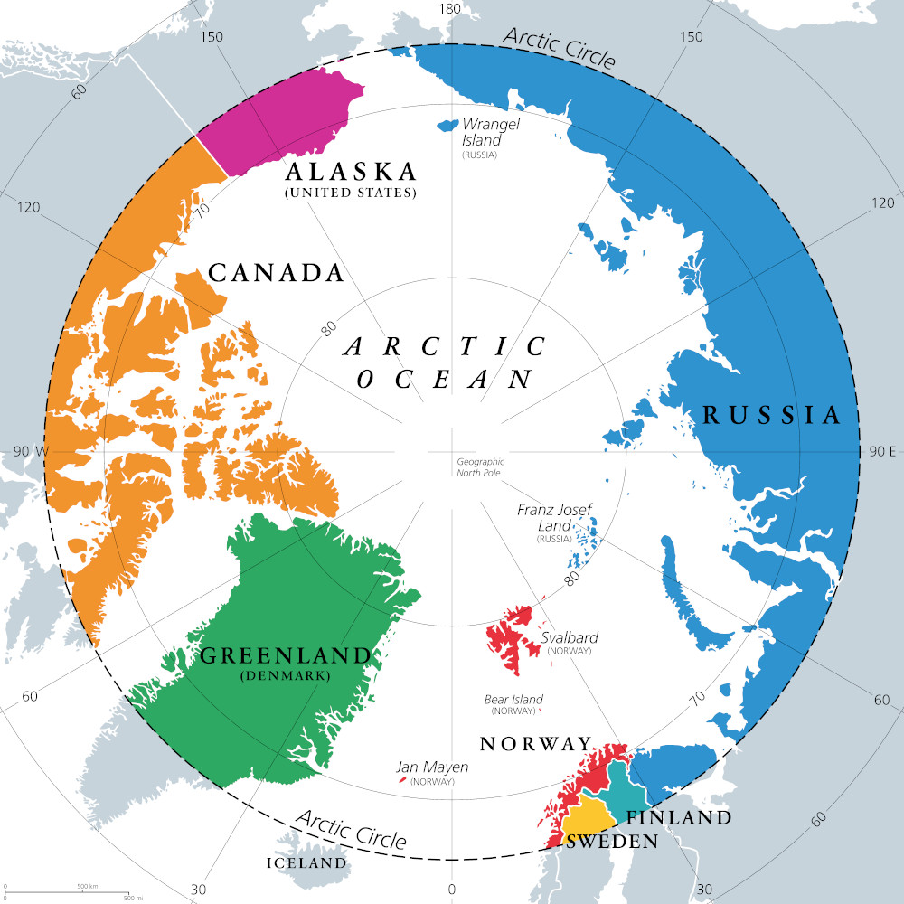 Countries within the Arctic Circle, political map. Countries within about 66 degrees north the Equator and North Pole. Alaska (U.S.), Canada, Finland, Greenland (Denmark), Norway, Sweden and Russia.
