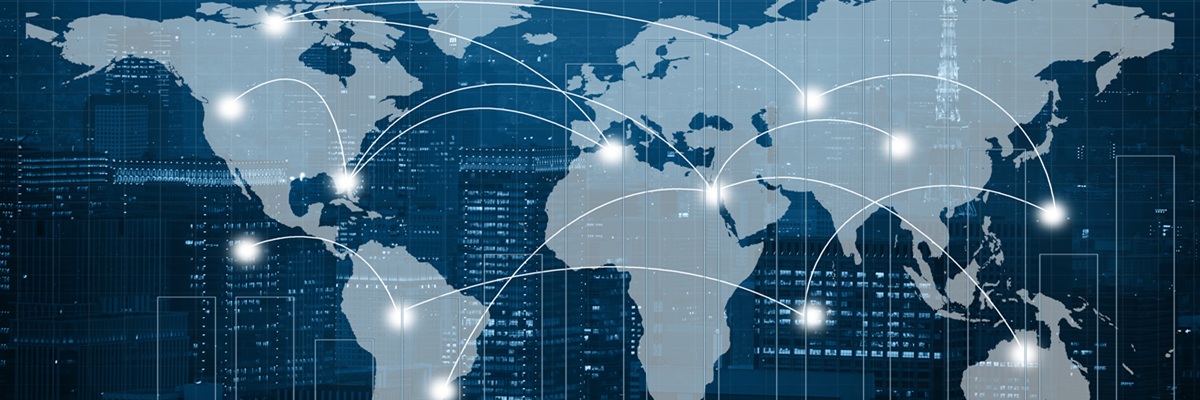Global business connection concept. Double exposure world map on capital financial city and trading graph background. Elements of this image furnished by NASA