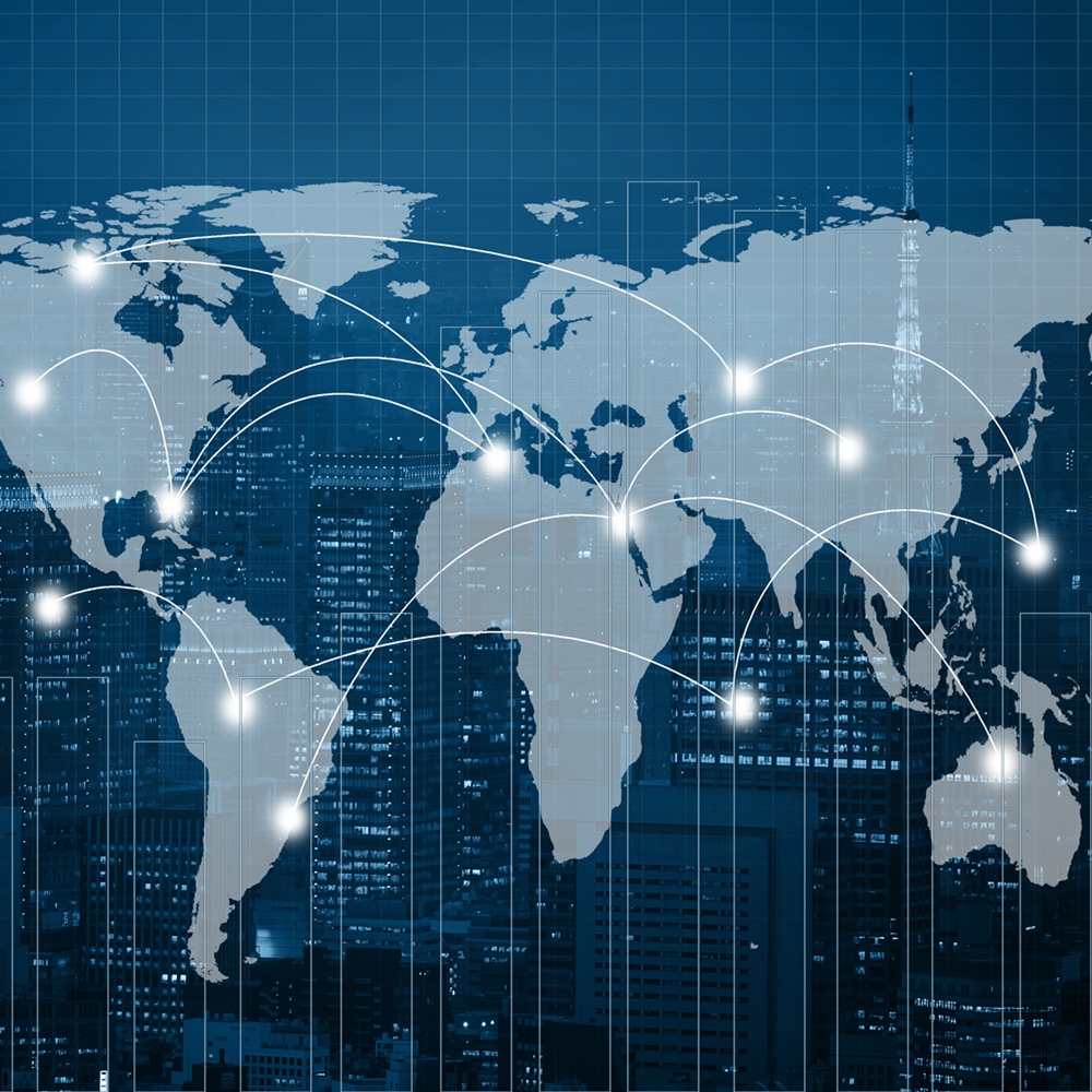 Global business connection concept. Double exposure world map on capital financial city and trading graph background. Elements of this image furnished by NASA