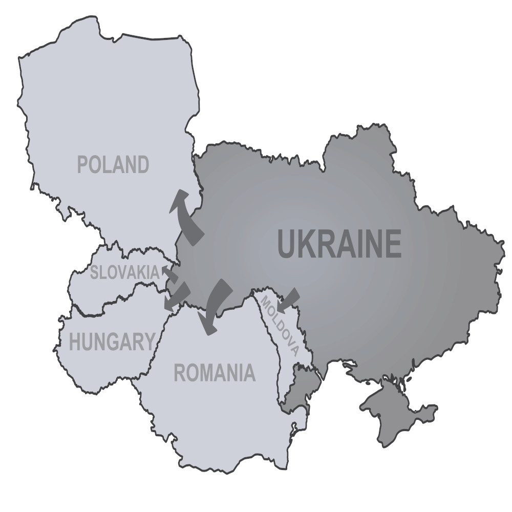 Ukraine refugees map to neighbors countries. vector