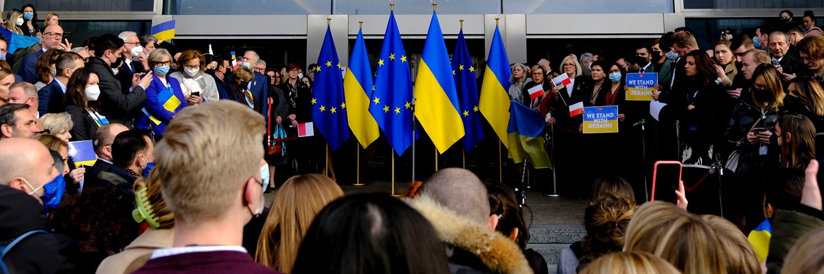 Demonstrators protest against the war in front of the European Parliament after a special plenary session on the Russian invasion of Ukraine in Brussels, Belgium on March 01, 2022.