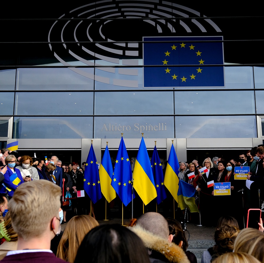 Demonstrators protest against the war in front of the European Parliament after a special plenary session on the Russian invasion of Ukraine  in Brussels, Belgium on March 01, 2022.