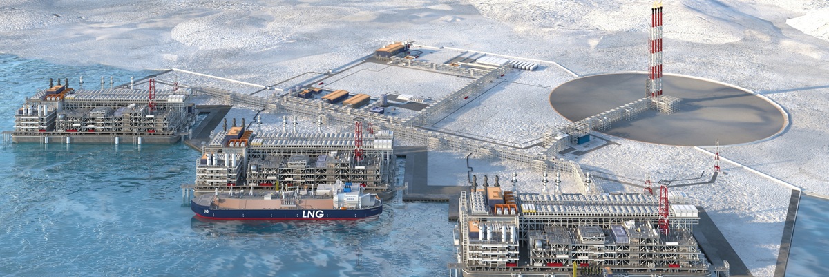 LNG plant based on gravity type with a gas carrier. The Arctic LNG-2 project. Utrennoye deposit, Yamalo-Nenets Autonomous Region, Russia. 3d rendering