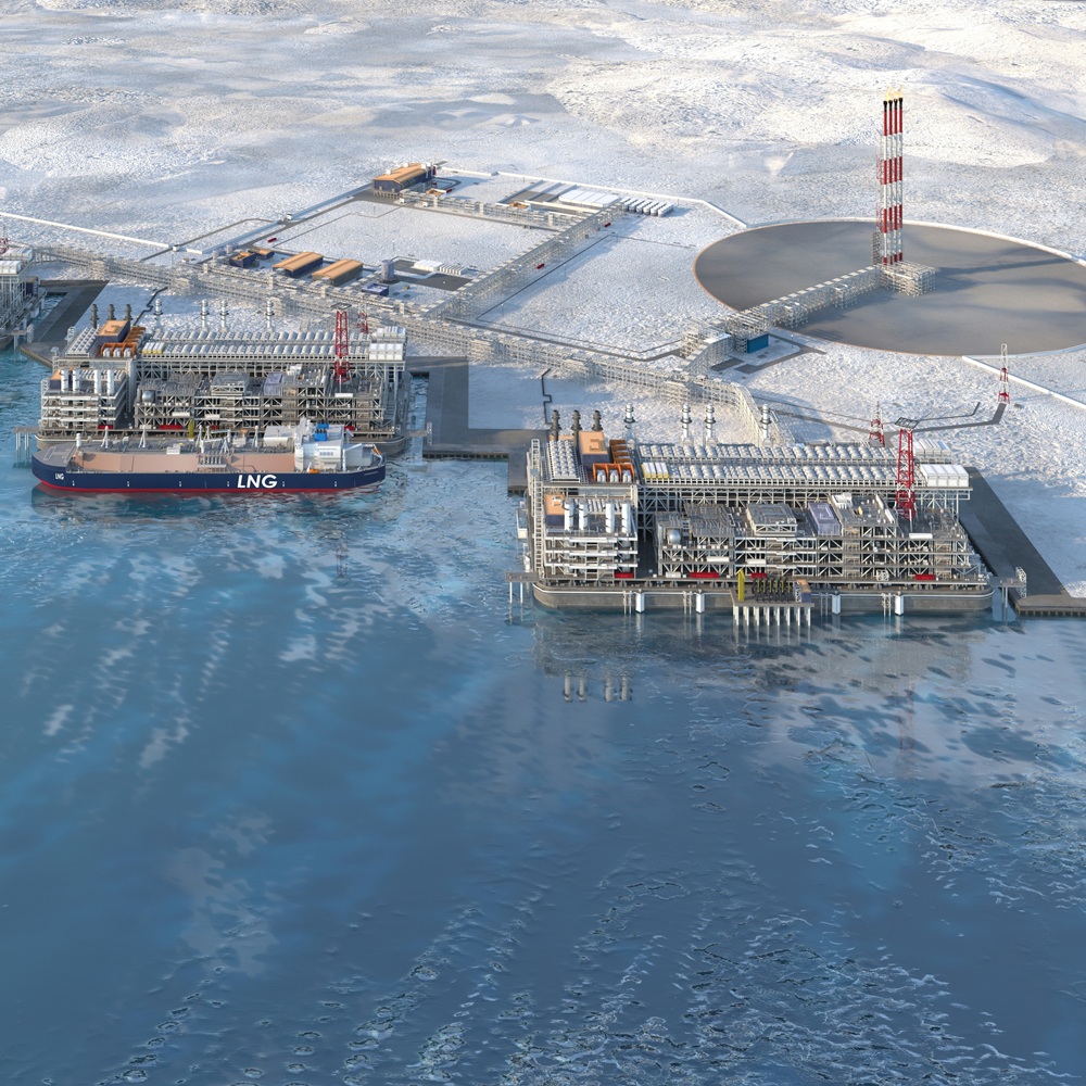 LNG plant based on gravity type with a gas carrier. The Arctic LNG-2 project. Utrennoye deposit, Yamalo-Nenets Autonomous Region, Russia. 3d rendering