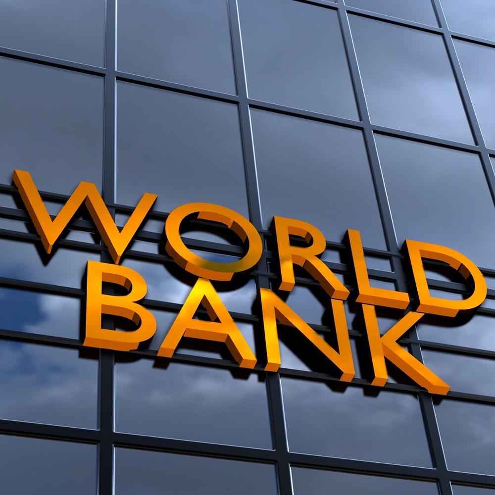 Glass world bank building. Financial concept. Golden inscription bank. Banking. 3D render.