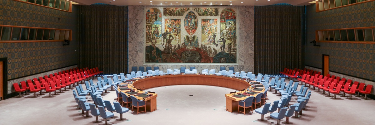 NEW YORK, USA - JUNE 21 2013 - United Nations security council hall headquartered in New York City, in a complex designed by architect Niemeyer open to public.