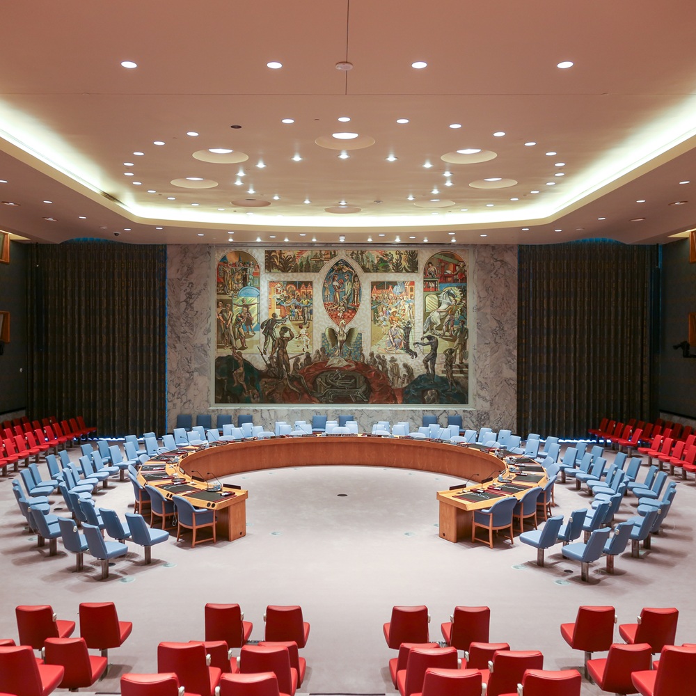 NEW YORK, USA - JUNE 21 2013 - United Nations security council hall headquartered in New York City, in a complex designed by architect Niemeyer open to public.