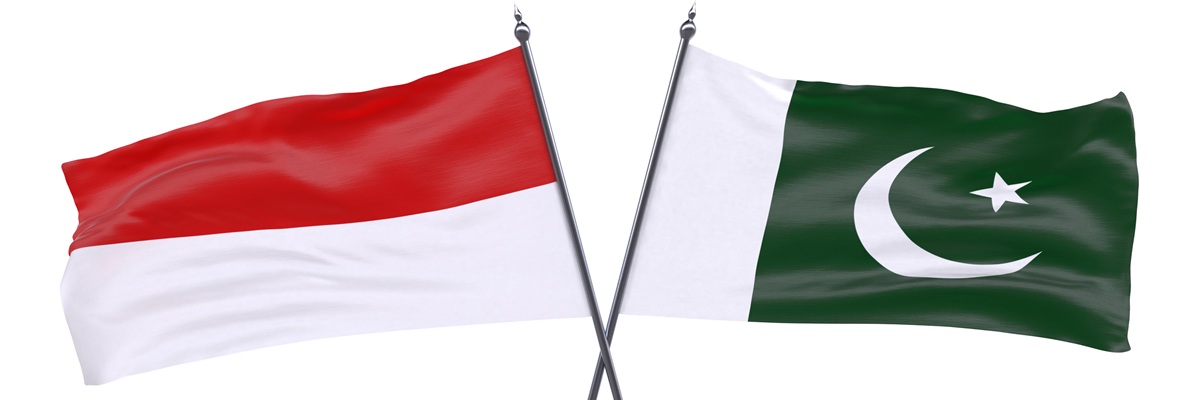 Indonesia y Pakistán, dos banderas cruzadas aisladas sobre fondo blanco. Imagen 3D.