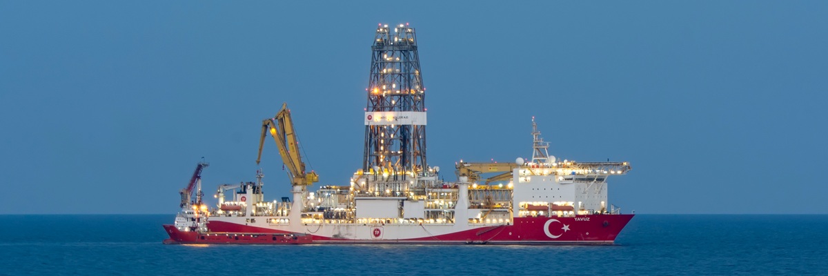 Mersin Turkey - 23.06.2021: Yavuz Drillship on the mediterranean sea. Drillships of Turkey which is search and drill for natural gas and oils.