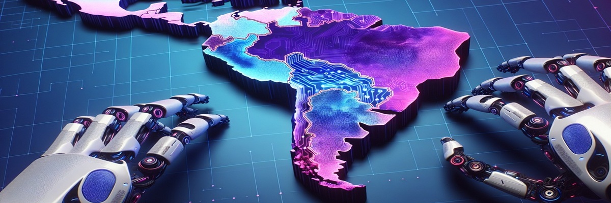 map of Latin America with purple, blue and black colors, artificial intelligence background artificial intelligence robots surrounding with hands the map of Latin America. Futuristic and three-dimensional style This content was generated by an Artificial