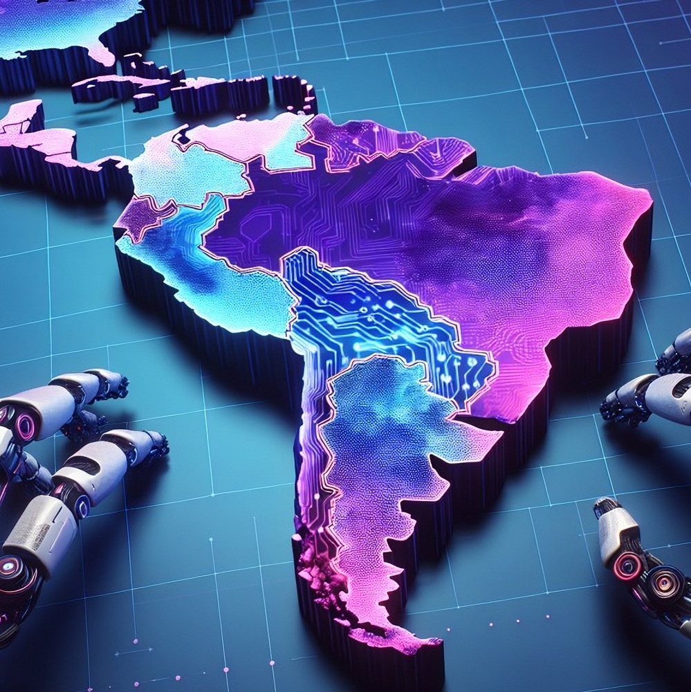 map of Latin America with purple, blue and black colors, artificial intelligence background artificial intelligence robots surrounding with hands the map of Latin America. Futuristic and three-dimensional style This content was generated by an Artificial 