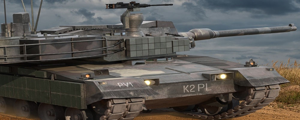 Szczecin, Polonia - Mayo de 2022: K2 Black Panther, un tanque básico surcoreano. Hyundai Rotem ha ofrecido al ejército polaco un modelo K2 adaptado a sus necesidades, junto con una transferencia completa de tecnología. Ilustración 3D