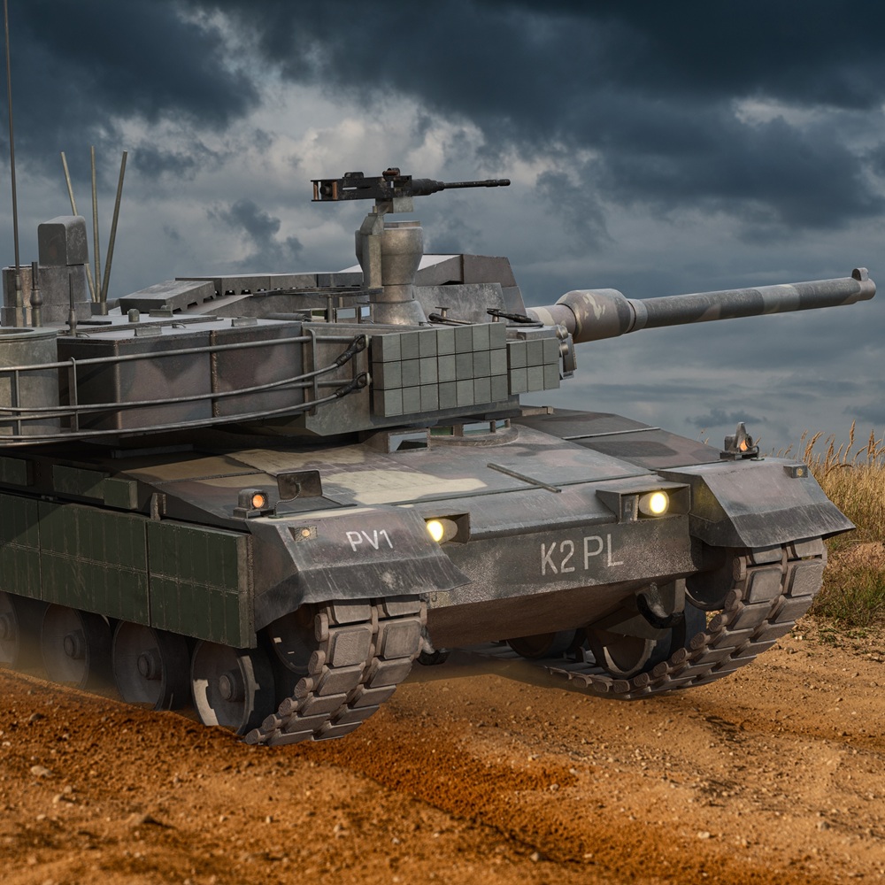 Szczecin, Polonia - Mayo de 2022: K2 Black Panther, un tanque básico surcoreano. Hyundai Rotem ha ofrecido al ejército polaco un modelo K2 adaptado a sus necesidades, junto con una transferencia completa de tecnología. Ilustración 3D