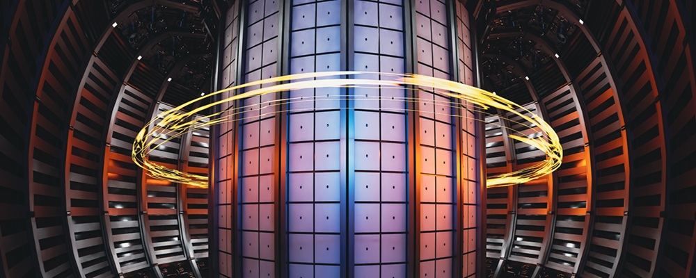 Fondo conceptual del reactor de fusión nuclear Tokamak, renderizado 3D