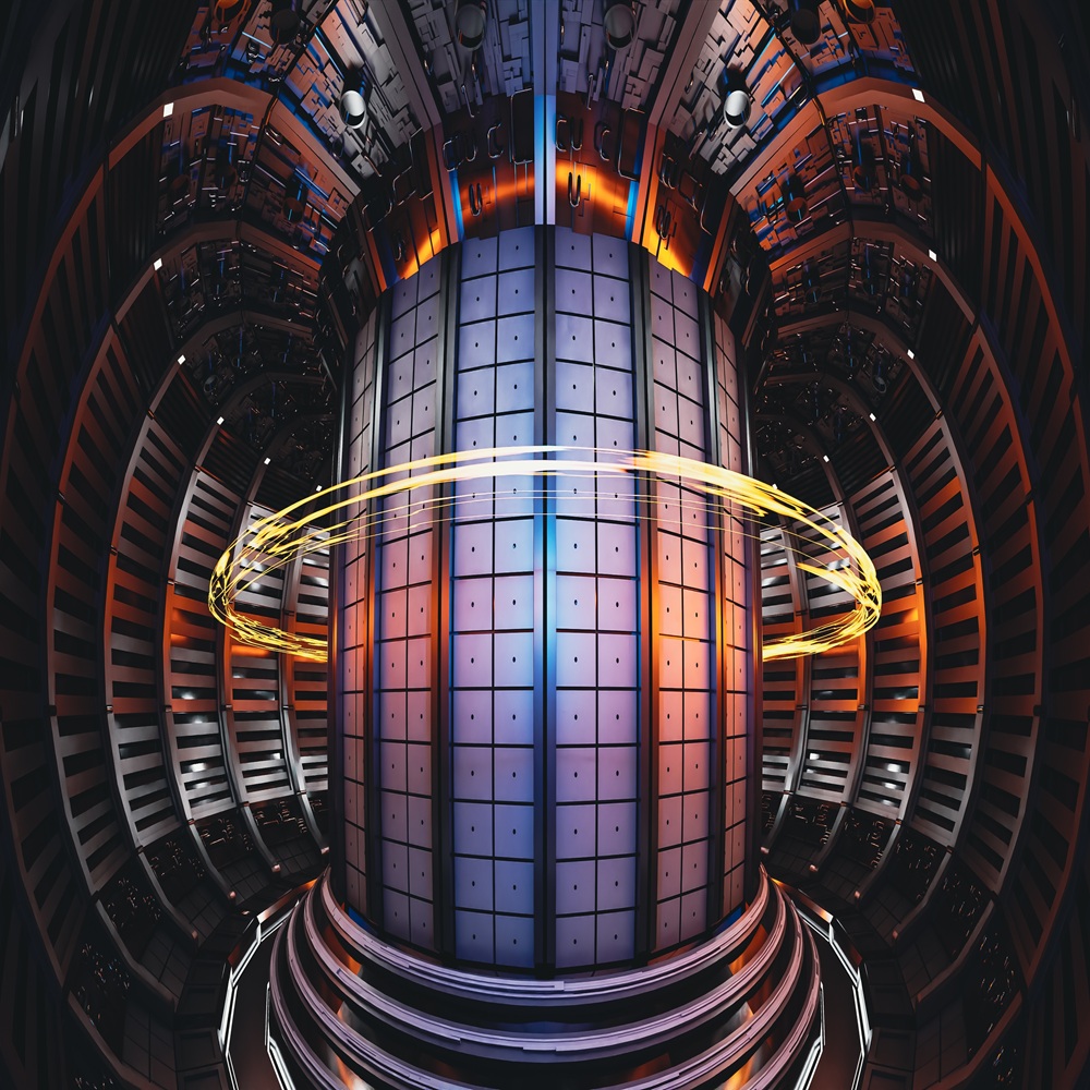 Fondo conceptual del reactor de fusión nuclear Tokamak, renderizado 3D