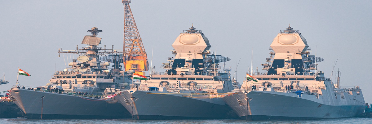01/07/2020 Mumbai. India. three warships of the Indian Navy anchored in Mumbai