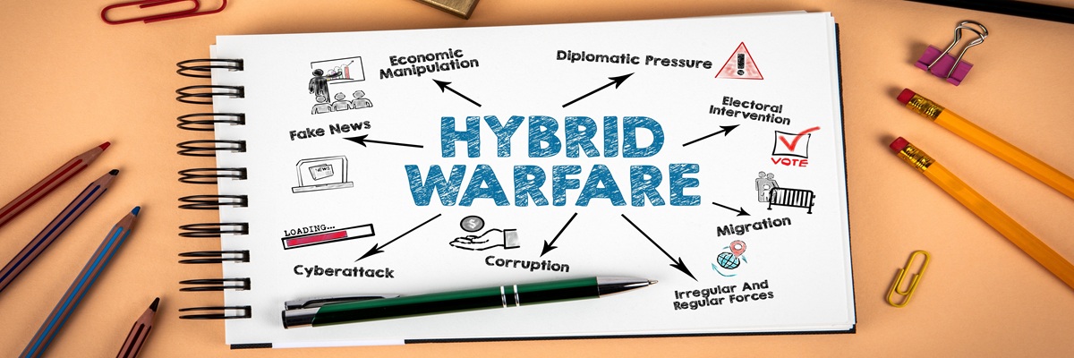 Hybrid warfare concept. Illustration with information and icons. Notepad and stationery on an office desk.