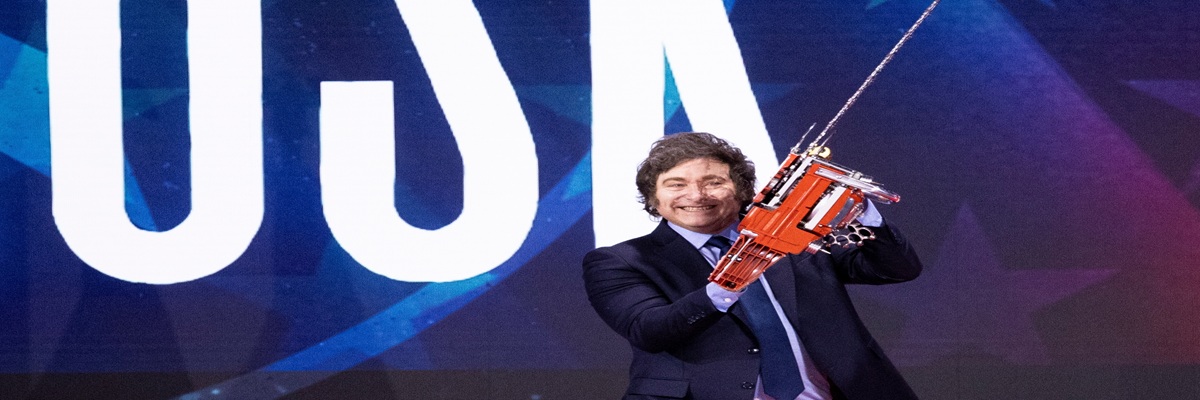NATIONAL HARBOR, MD, USA — February 20 2025: President of Argentina Javier Milei wields a chainsaw on the main stage on day 1 of the 2025 Conservative Political Action Conference.