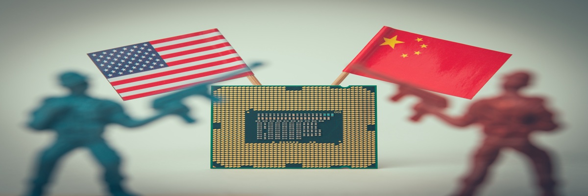 Soldier, CPU computer (central processing unit) US and Chinese flag on white background. US vs China chip war or tech war, semiconductor industry concept. US restrict and control chip export to China.