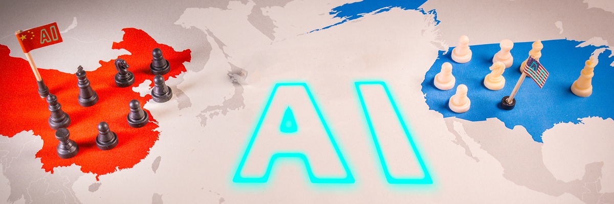 USA and China competing in AI supremacy, represented by chess pieces on a world map highlighting technological rivalry. AI wars between USA and china concept.