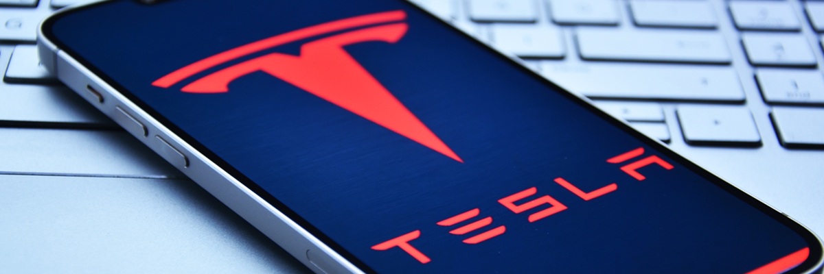 Tesla logo appears on the smartphone screen. Tesla's founder is Elon Musk. 25.01.2025