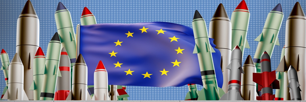 Missiles in front EU flag. Air defense systems European Union. Cruise missiles in Europe. Concept weapons development in Europe. Stockpiles strategic missiles. Concrete wall in foreground. 3d image