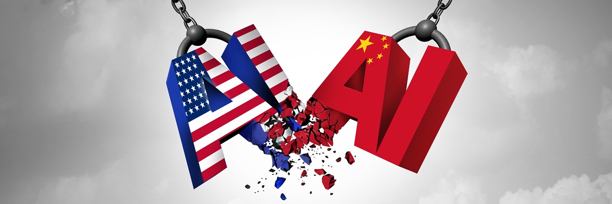 AI US China Technology War as Chinese and American Technology competition for technological dominance and artificial intelligence trade war or national security risk as a 3D illustration.
