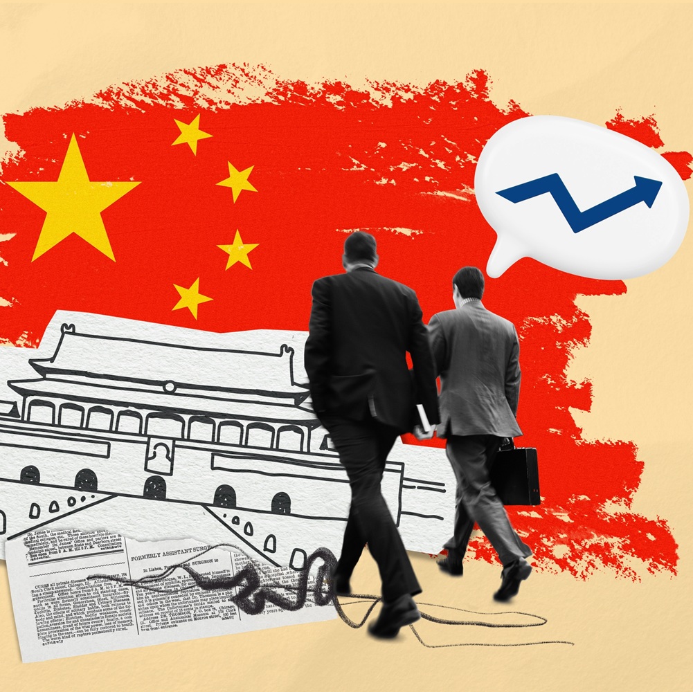 Collage with two businessmen in suits walking, China flag. Business theme collage with upward trend. Represents China business, and progress. Business collage design