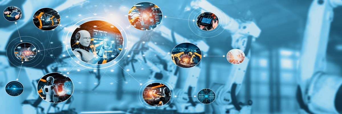 Automated AI industry robot and robotic arms assembly in factory production. Concept of artificial intelligence for industrial revolution and automation manufacturing process NLP