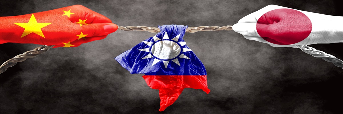 The Japanese and Chinese flags are being pulled apart, with the Taiwanese flag in the middle. This suggests that Japan's stance is, 