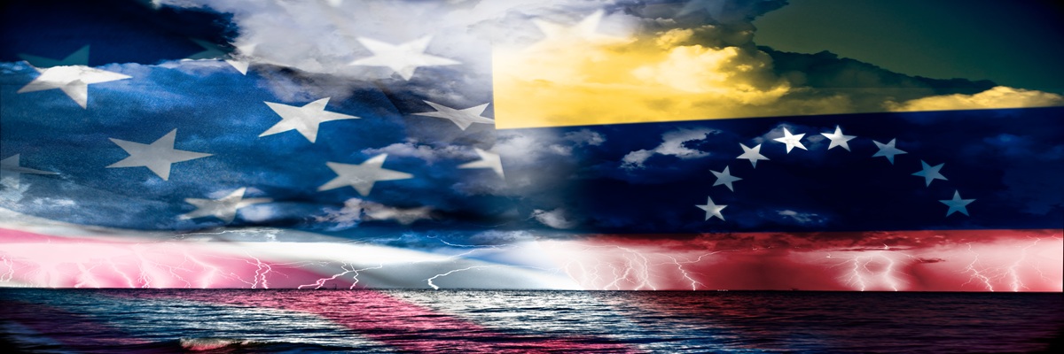 Conflict between USA and Venezuela, conceptuall image witth a sea thunderstorm and the flag of venezuela and usa, ongoing conflic betwenne the two country