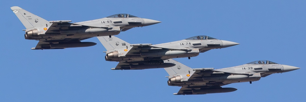 MADRID, SPAIN - OCTOBER, 2023: 3 EF-2000 Eurofighter Typhoons (part of a group of 9) flying over Madrid as part of the Spain Day celebration. October 4, 2023, Madrid, Spain