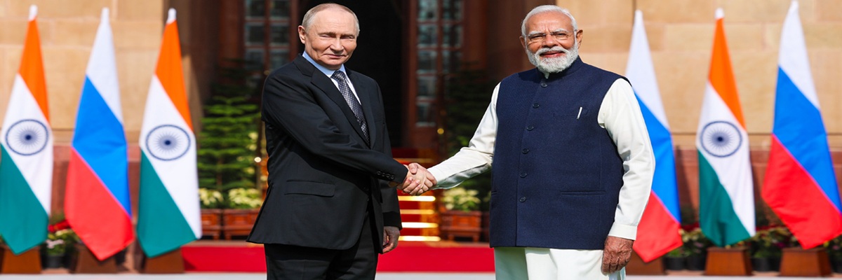 PM meets Russian President, Mr. Vladimir Putin at Hyderabad House, in New Delhi on December 05, 2025. Attribution: Prime Minister's Office (GODL-India), GODL-India <https://data.gov.in/sites/default/files/Gazette_Notification_OGDL.pdf>, via Wikimedia Comm