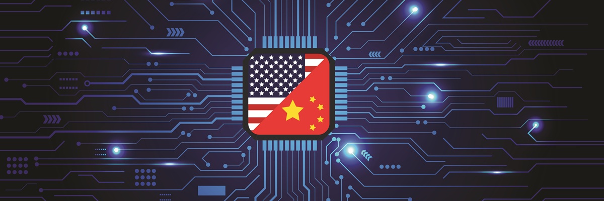 Flag USA and China on Computer Chip . Global chip shortage crisis and China-United States trade war concept.