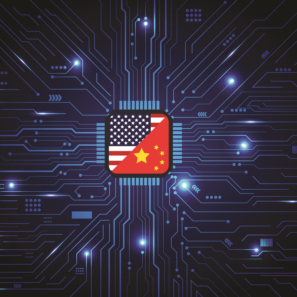 Flag USA and China on Computer Chip . Global chip shortage crisis and China-United States trade war concept.