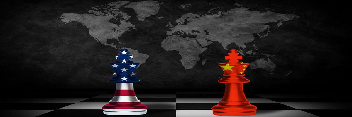 USA and China trade relations, cooperation strategy. US America and China flags on chess pawns soldiers on a chessboard. 3d illustration